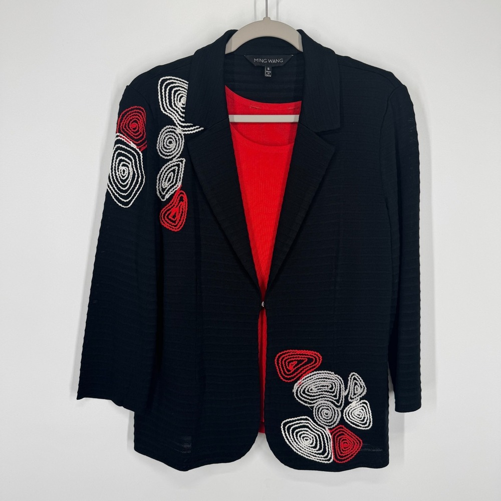 Ming Wang Womens Black Red Floral Knit Blazer Jacket Tank Set S work Cardigan